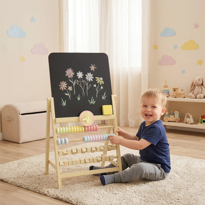 Wooden Kids Art Easel with Double-Sided Chalkboard, Clock, Abacus, Blackboard Eraser for Painting, for Ages 2+, Natural