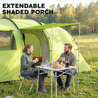 6 Person Camping Tent with Porch, Large Family Tent with 2 Bedroom and Living Room, Light Green