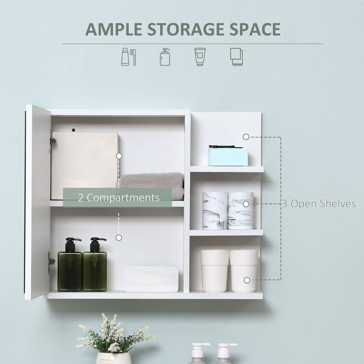 Medicine Cabinet with Mirror, Wall Mounted Bathroom Mirror Cabinet, Bathroom Wall Cabinet with 3 Open Shelves, Natural