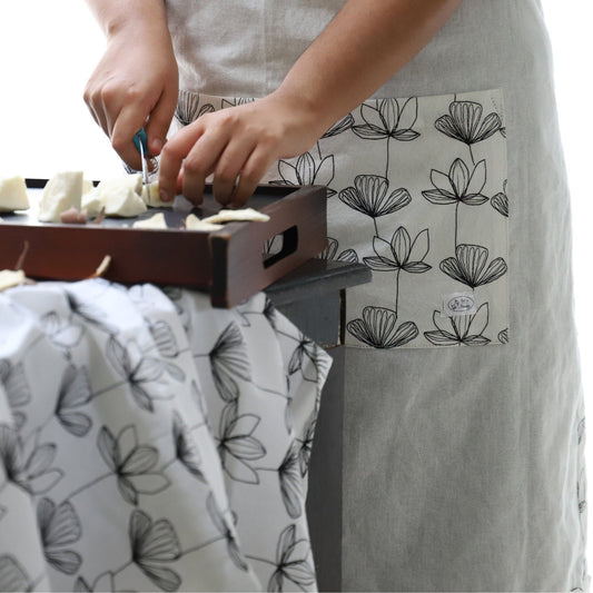 Designer B&W Flour Sack Aprons: 3 Styles