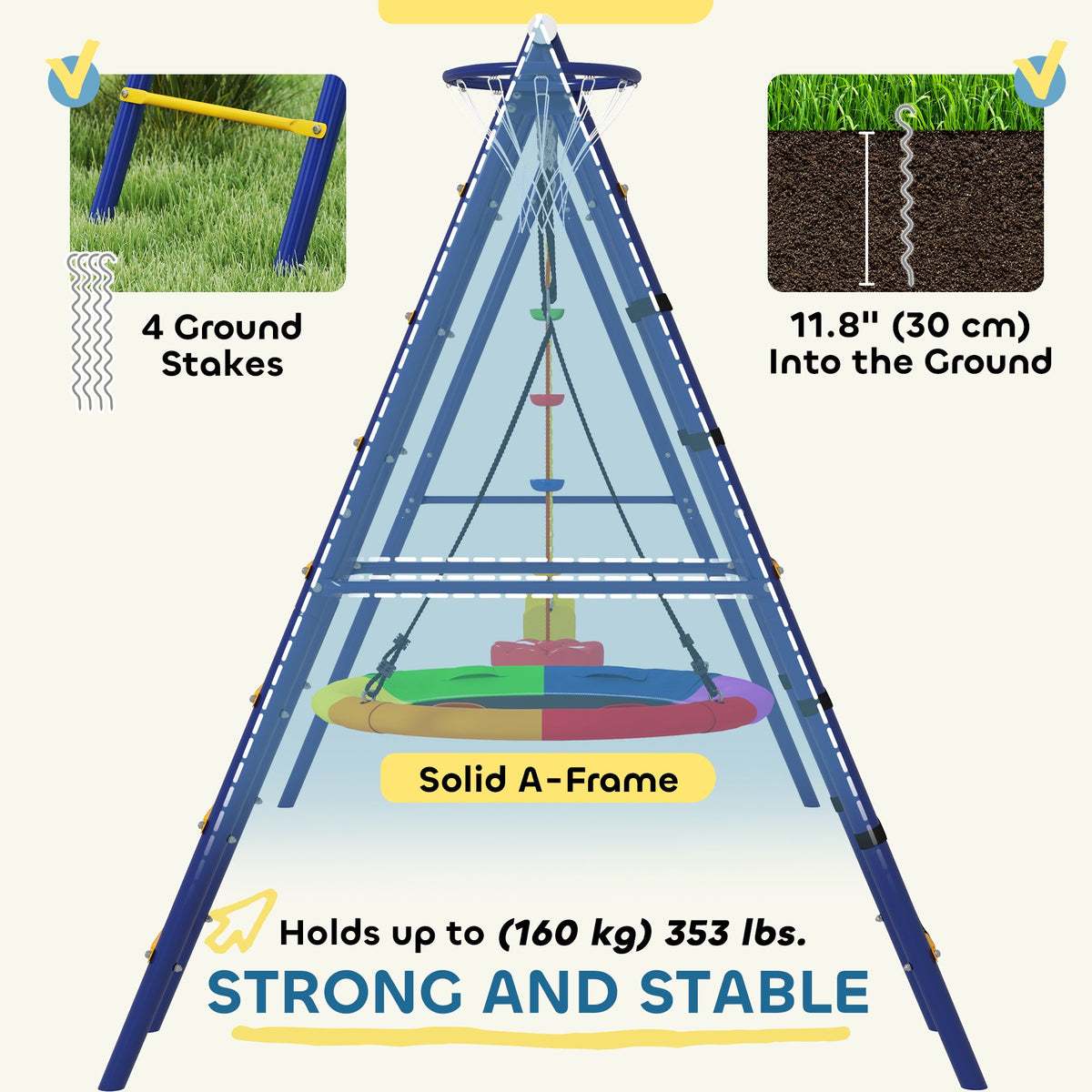 6 in 1 Kids Swing Set with 1 Saucer Swing, 1 Belt Swing, 1 Disc Rope Swing, Climbing Ladder and Net, Basketball Hoop