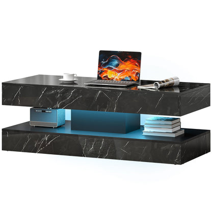 Coffee Table with Adjustable LED Lights, Modern Living Room Table with 2 Drawers, Open Shelf, Remote, High Gloss White