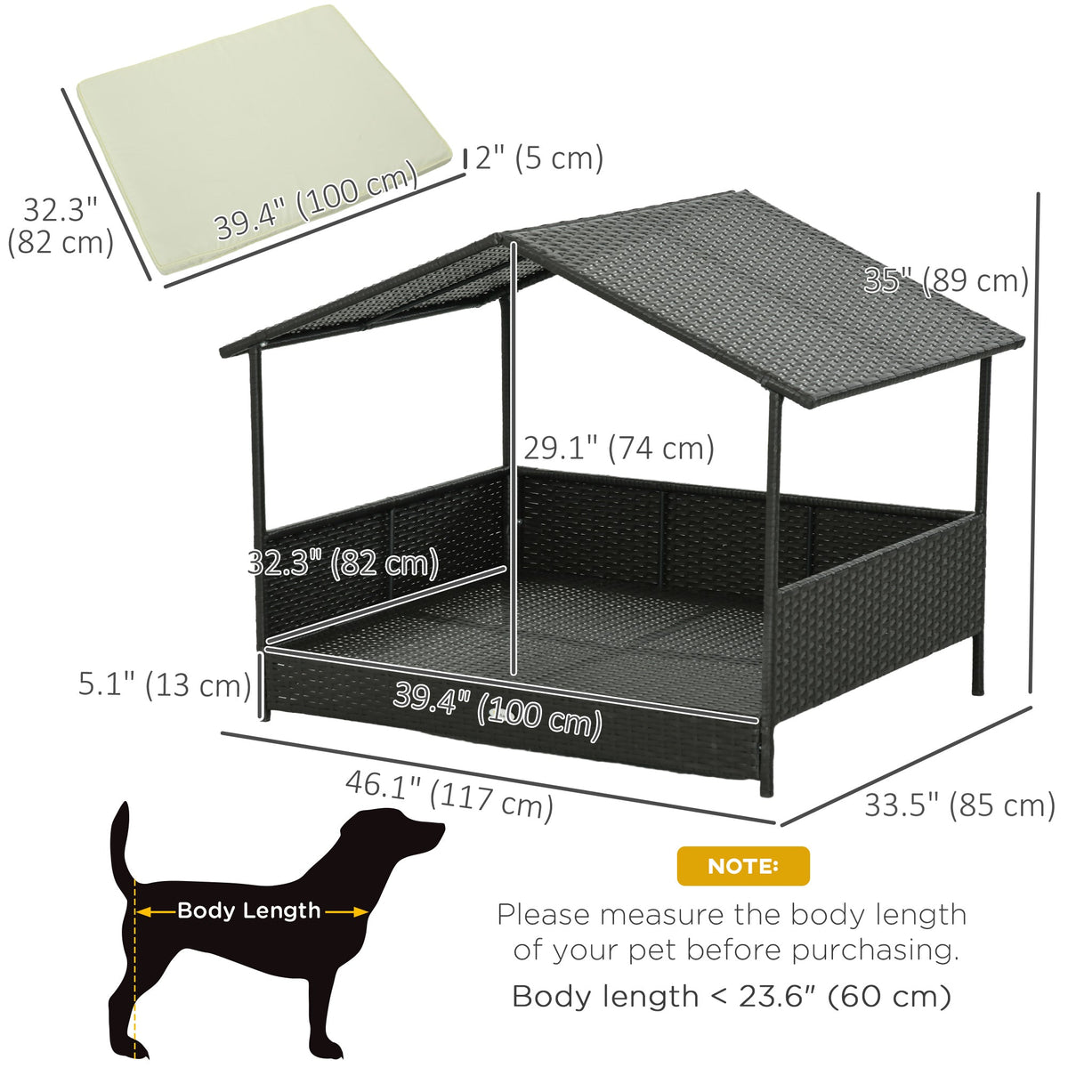Rattan Dog House with Canopy, Wicker Dog Bed with Water-Resistant Cushion, for Small and Medium Breeds Blue