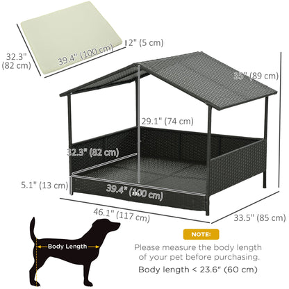 Rattan Dog House with Canopy, Wicker Dog Bed with Water-Resistant Cushion, for Small and Medium Breeds Blue