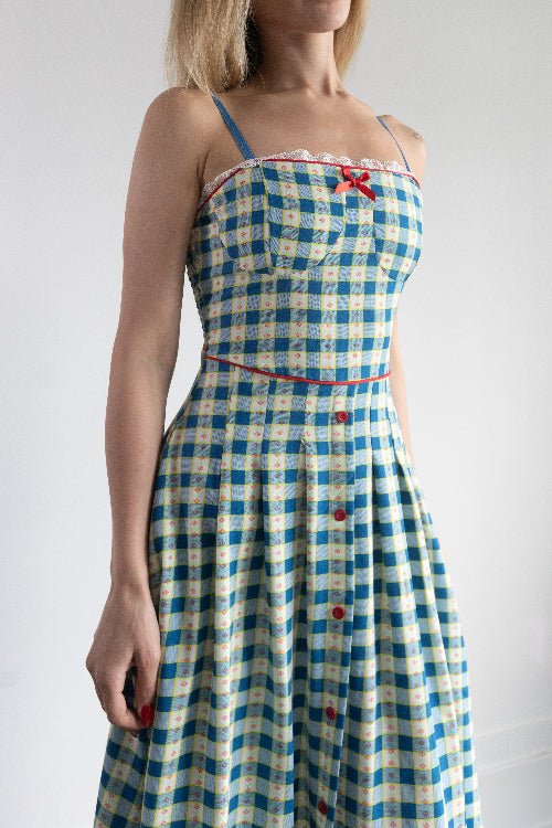 Retro Gingham Midi Dress with Red Bow