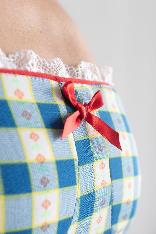 Retro Gingham Midi Dress with Red Bow