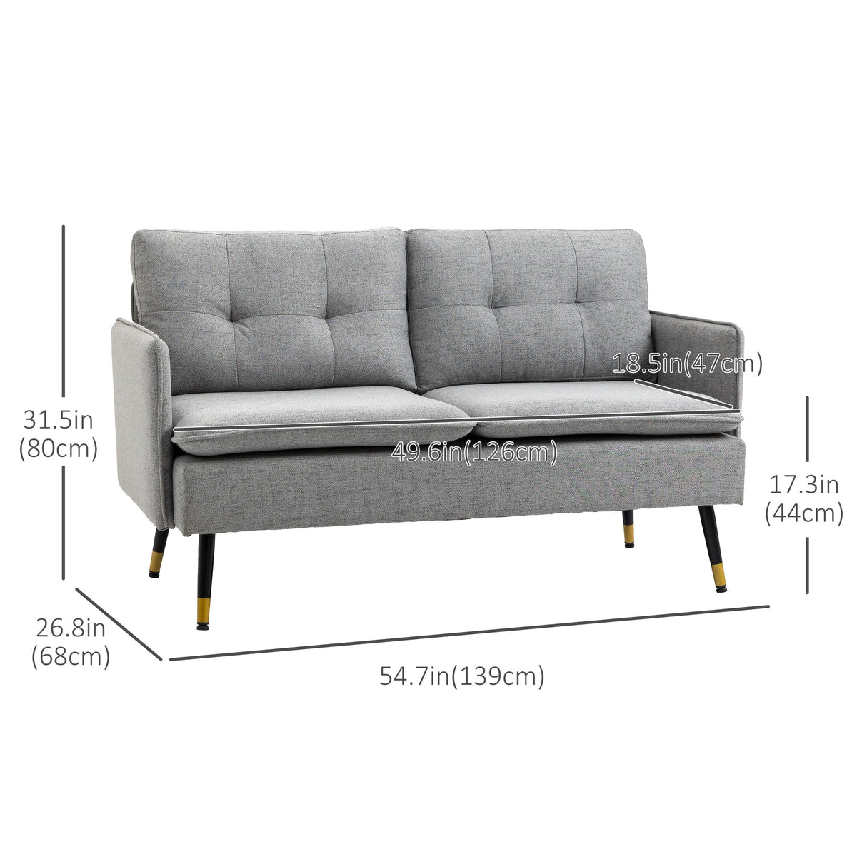 55" Loveseat Sofa, Linen Love Seat w/ S spring, Steel Legs and Button Tufting, Small Couch for Living Room, Dark Grey
