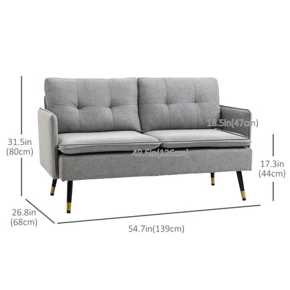 55" Loveseat Sofa, Linen Love Seat w/ S spring, Steel Legs and Button Tufting, Small Couch for Living Room, Dark Grey