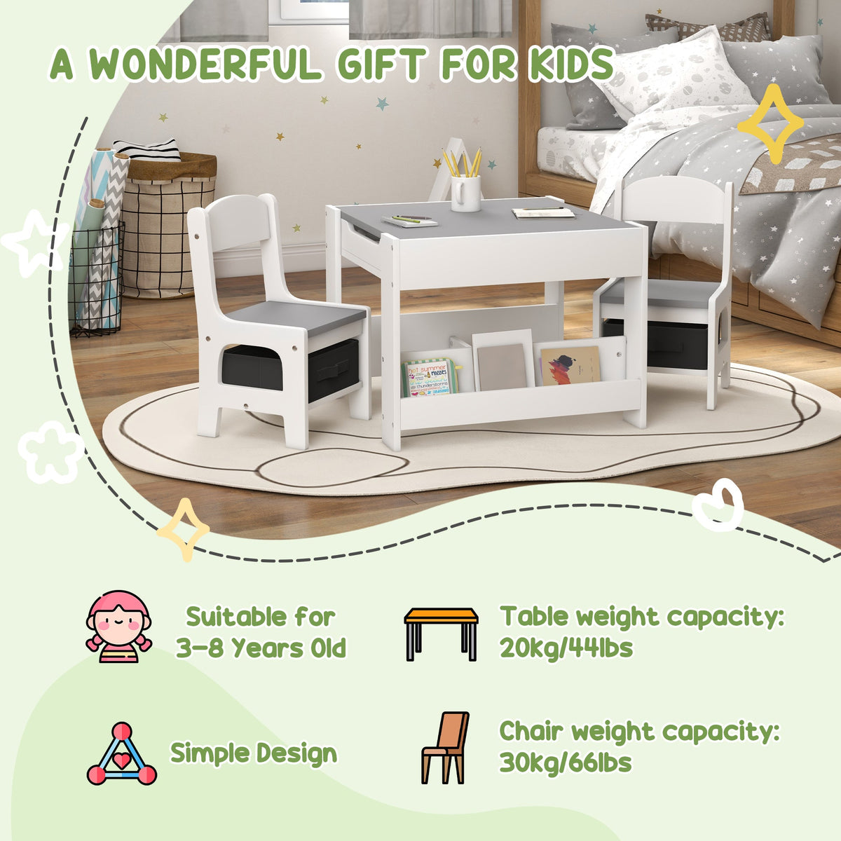 3 Piece Kids Table and Chair Set with Reversible Tabletop, Blackboard, Storage, Bookshelf, for Playroom, Nursery, Grey