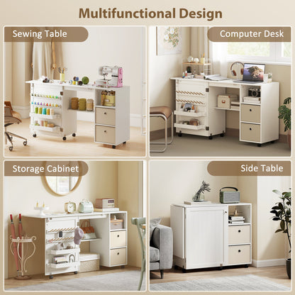 Rolling Sewing Machine Table with Power Outlet, Folding Craft Table with 2 Fabric Drawers, 2 Bins and 18 Pegs, Black