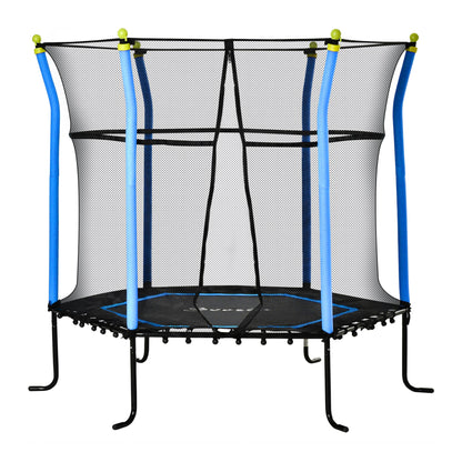 63" Kids Trampoline Mini Indoor Bouncer Jumper with Enclosure Net Elastic Thick Padded Pole Gift for Child Toddler Age 3-6 Years Old Blue