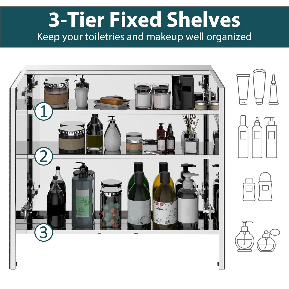 Wall Mounted Mirror Cabinet, Bathroom Medicine Cabinet with Mirror, 2 Doors and 3-tier Shelving, Silver