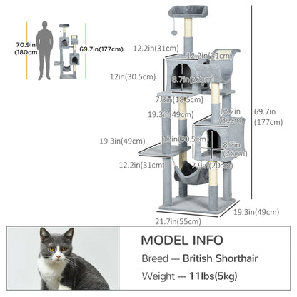 Tall Cat Tree for Indoor Cats, 70" Multi-Level Cat Tower with Hammock, Cat Bed, Cat Condo with Sisal Scratching Posts, Bluish Grey