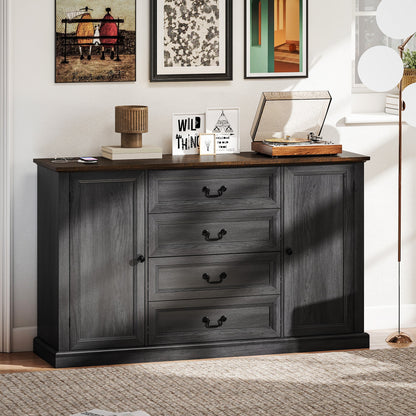 Farmhouse Sideboard with Charging Station, 58" Buffet Cabinet, Kitchen Storage Cabinet with 4 Drawers, 2 Doors, Black