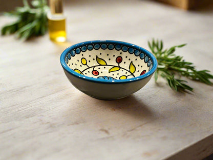 Handcrafted Ceramic Sauce & Dip Bowls – 3.5 Inch | Kuffiyeh, Blue & Yellow, Orange Designs