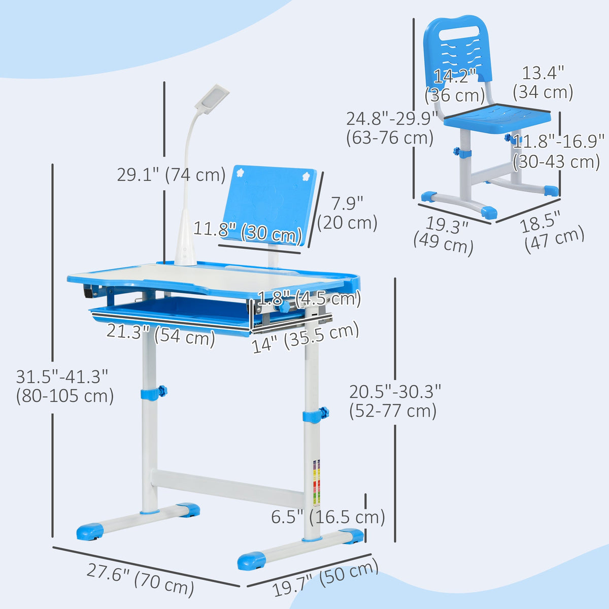 Kids Desk and Chair Set Height Adjustable Student Writing Desk Children School Study Table with Tilt Desktop, Blue