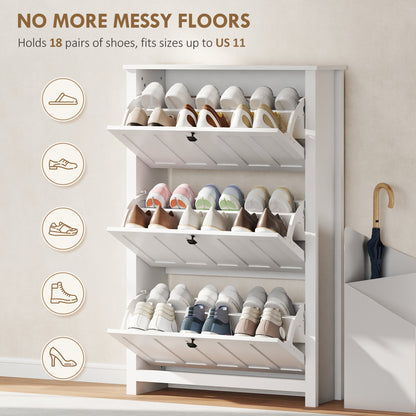 Slim Shoe Cabinet with 3 Flip Drawers, Shoe Storage Cabinet with Adjustable Shelves for Entryway, Holds 12 Pairs, White