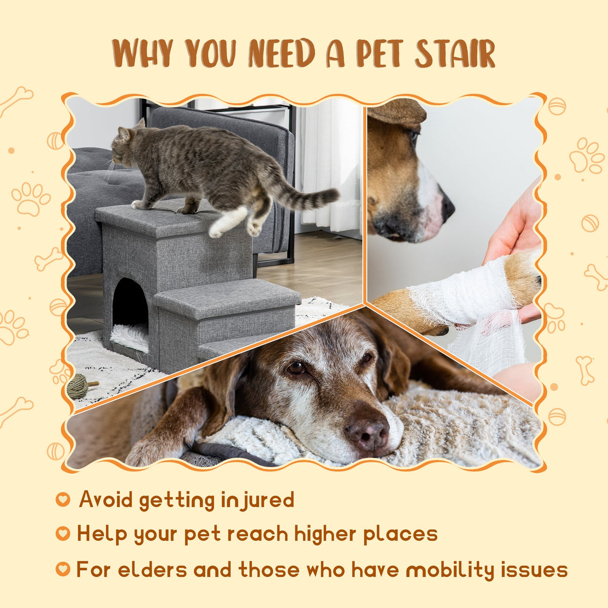 Dog Ramp with Storage Boxes and Condo, 3-step Pet Stairs for High Beds and Couch with Washable Plush Cushion