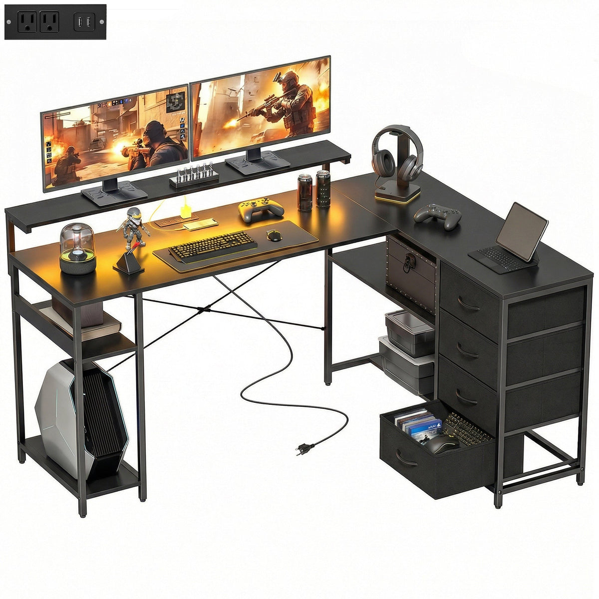 Gaming Desk with Power Outlets LED Lights Computer Desk with Drawers Monitor Stand 61" Black