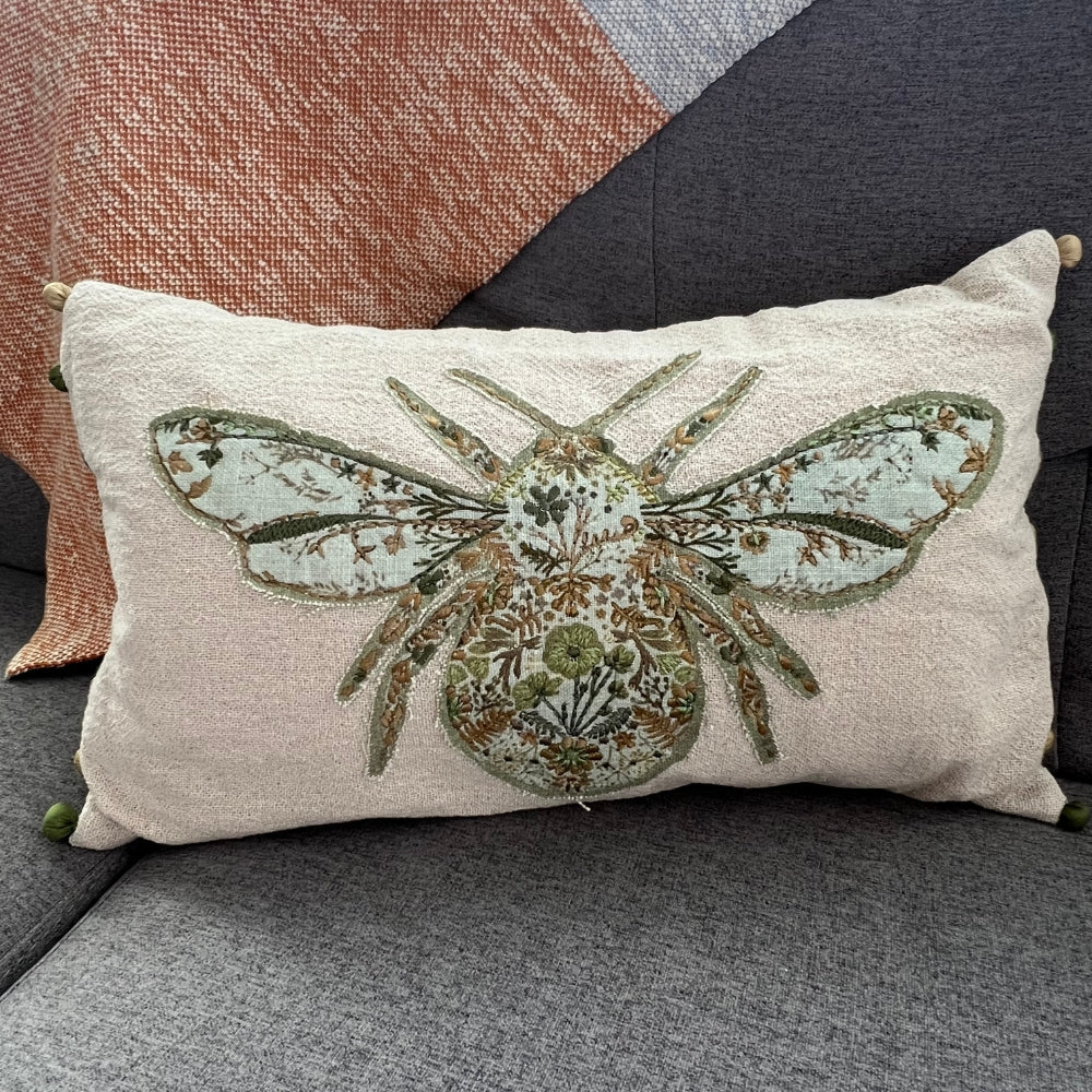 Embroidered Bumblebee Linen Lumbar Pillow Cover – Boho Farmhouse Decorative Accent Pillow with Pom Poms