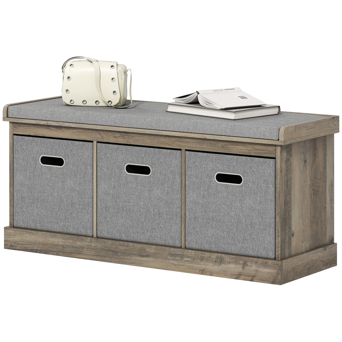 Shoe Storage Bench with Seat, Entryway Bench Seat with Cushion, 3 Fabric Drawers for Hallway, Dark Grey