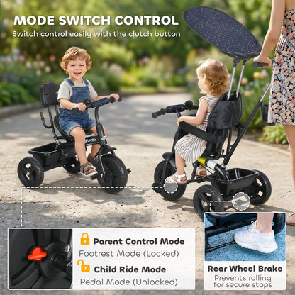 6 in 1 Kids Tricycle with Removable Handlebar and Canopy, Navy Blue