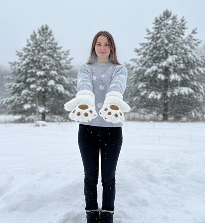 White Soft Plush Bear Paw Gloves