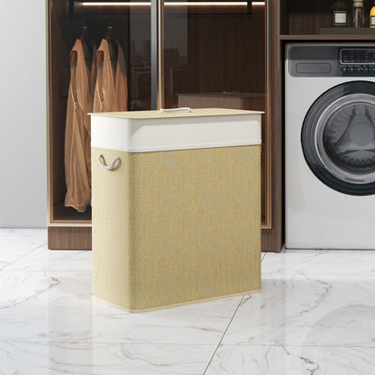 Double Laundry Basket with Lid, 100L Bamboo Laundry Hamper with Rope Handles and Removable Bags, Brown