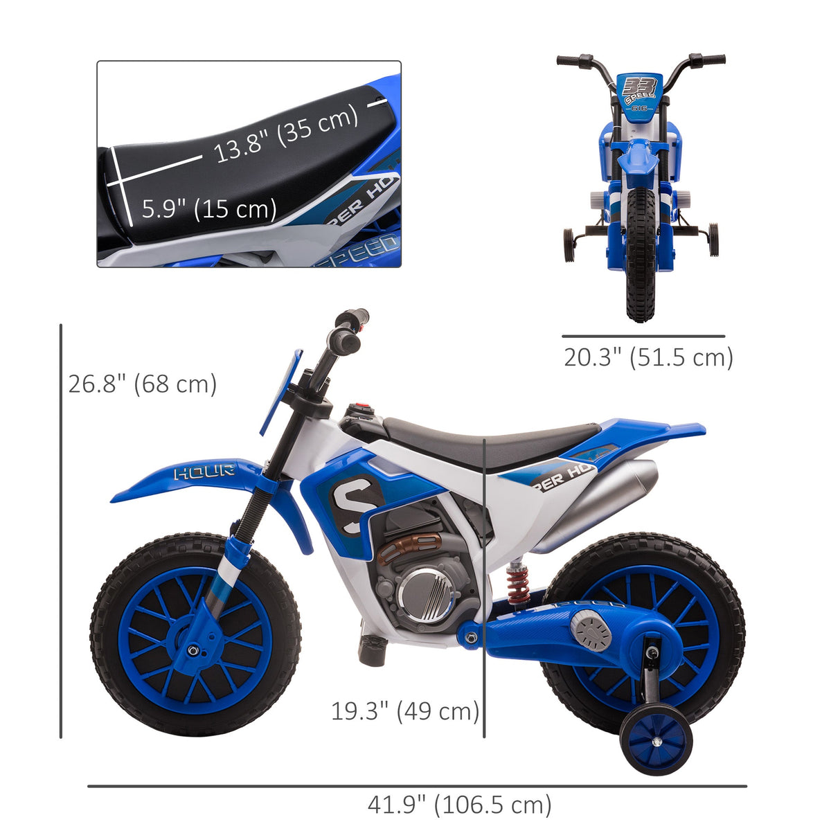 Kids Dirt Bike 12V Battery-Powered Ride-On Electric Motorcycle with Charging Battery, Training Wheels Blue