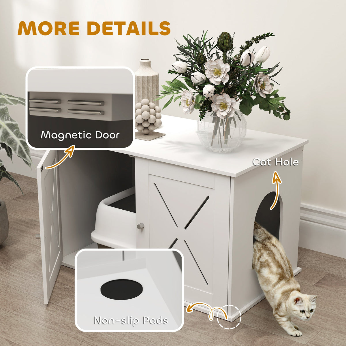 Hidden Cat Litter Box Enclosure with Double Doors, Hole, Pet House Side End Table, 31.5" x 19" x 20", White
