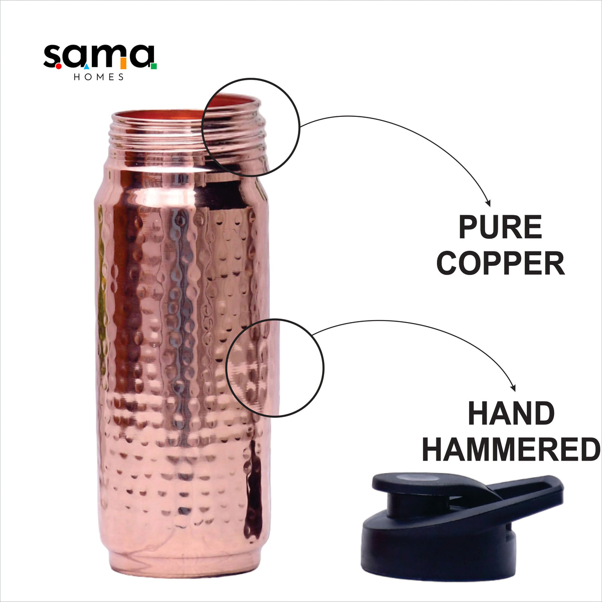 Pure Copper Water Bottle 750ml – Hand-Hammered Ayurvedic Vessel with Leak-Proof Cap