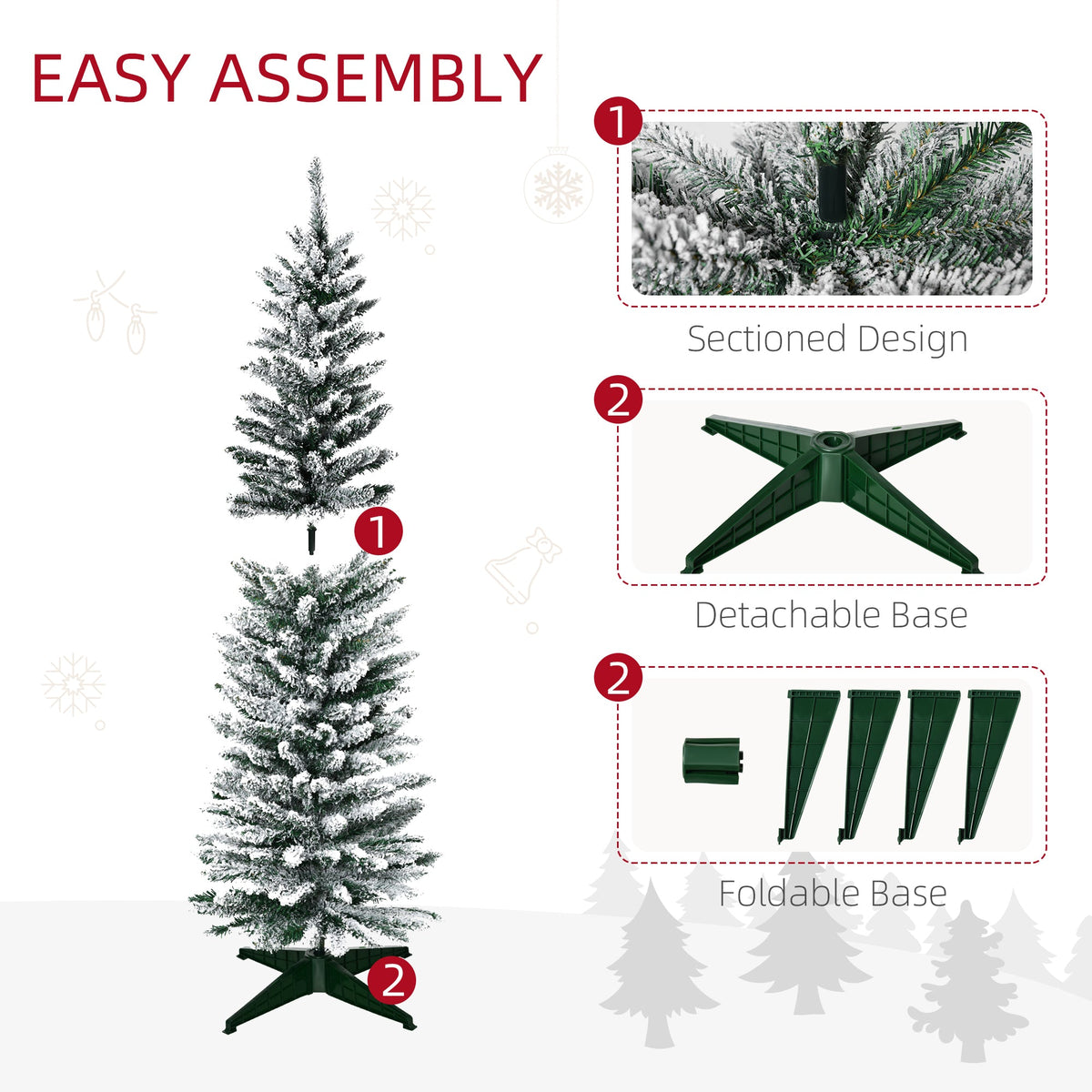 5ft Tall Pencil Artificial Christmas Tree, Holiday Décor with Snow Flocked Branches, Green