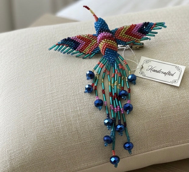 Pink white blue Hummingbird Barrette with Fringes