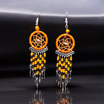 Orange and Black Beaded Dreamcatcher earrings