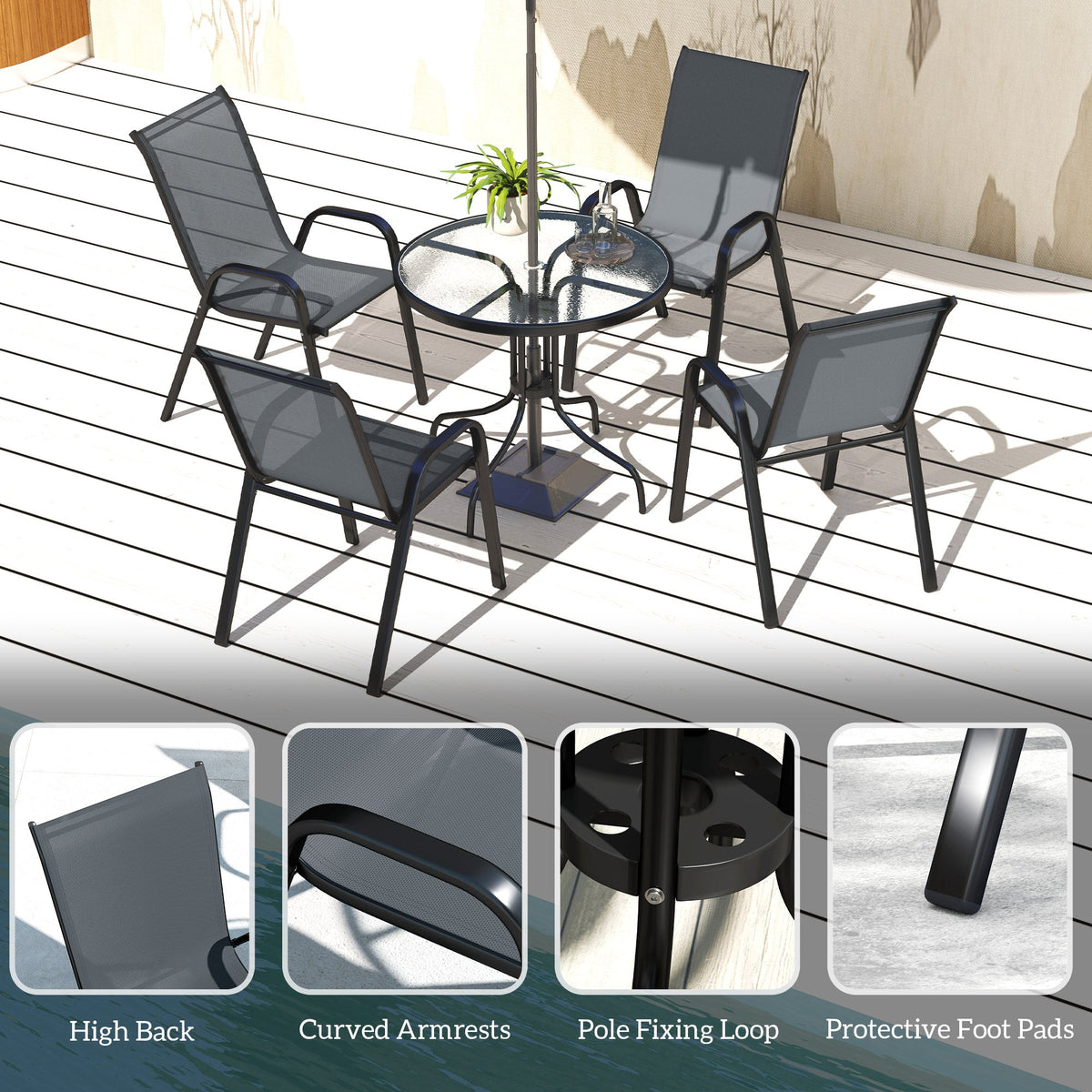 Five-Piece Steel Patio Set, with Glass-Top Table - Black