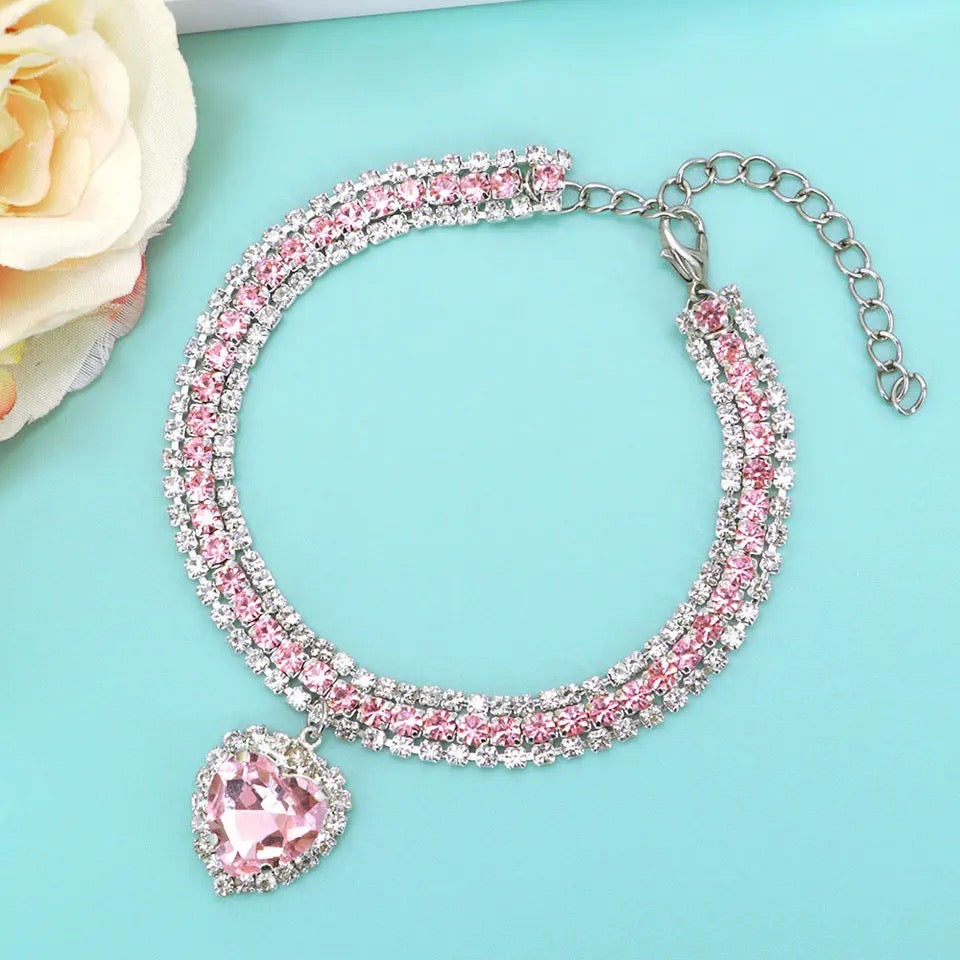 Pinkess Heart Dog Necklace | Rhinestone Dog Jewelry Accessory