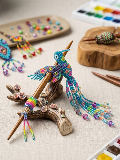 Blue Hummingbird Beaded Hair Stick