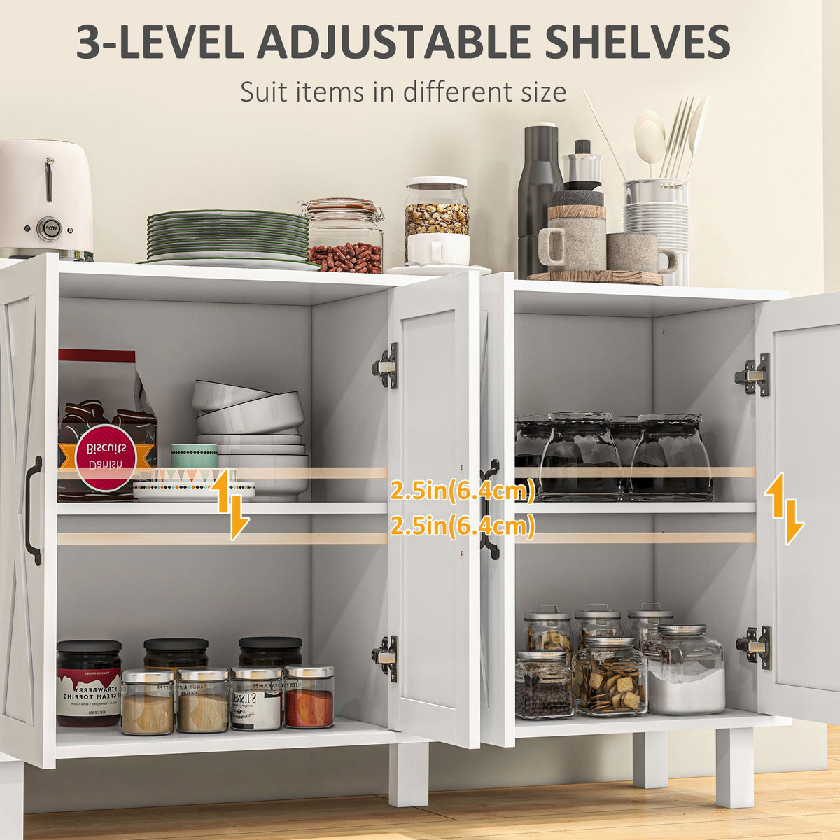 Kitchen Sideboard Cabinet with 4 Barn Doors and 2 Adjustable Shelves, Buffet Table for Living Room, Hallway, Black