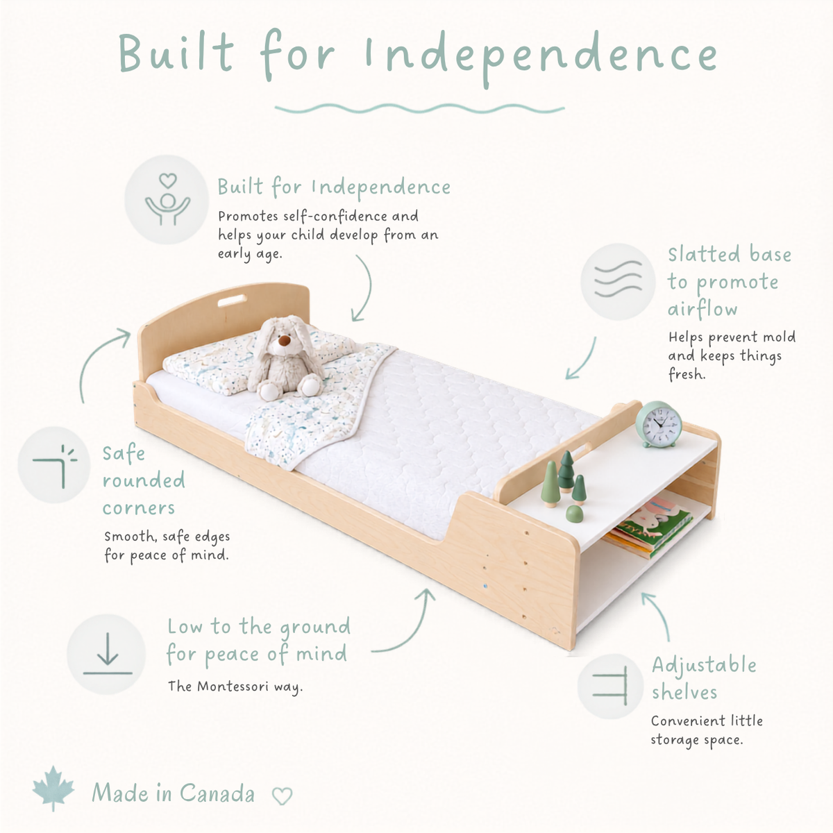 CHERRY JUNIOR - Montessori Floor Bed with Shelves