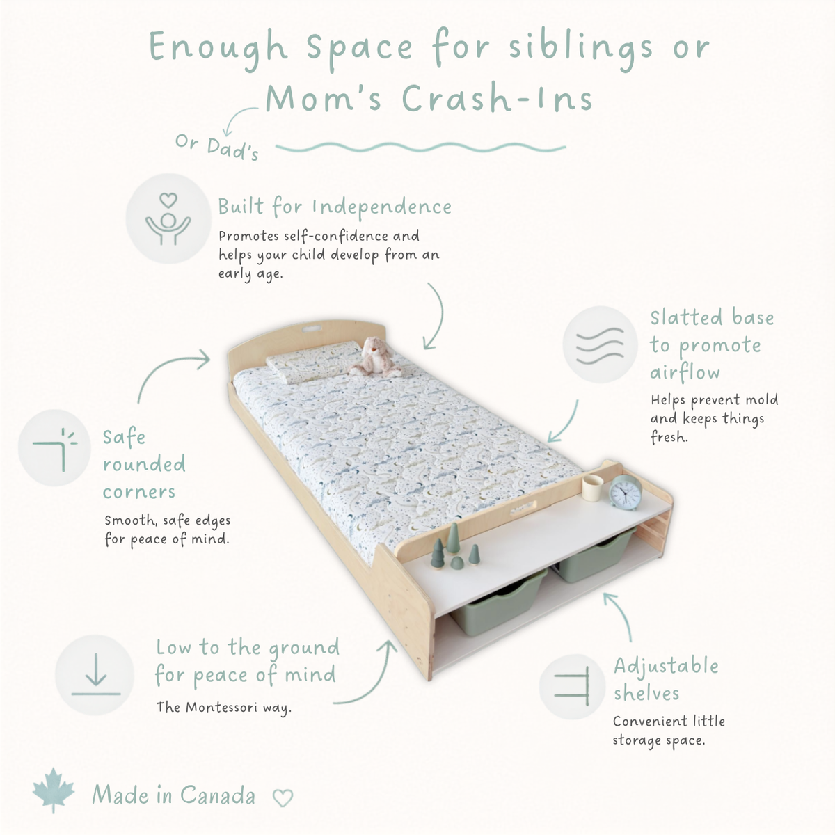 CHERRY TWIN - Montessori Floor Bed with Shelves