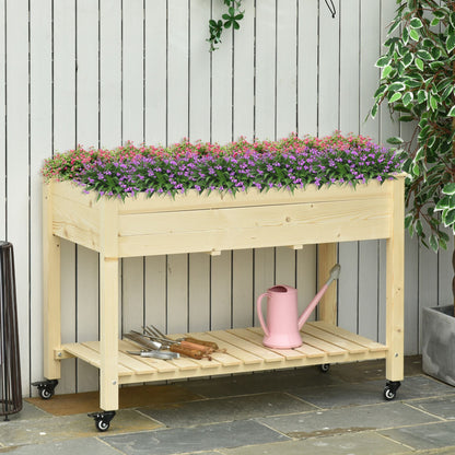 Mobile Raised Garden Bed Elevated Wood Planter Box with Lockable Wheels, Storage Shelf for Herbs Vegetables, Natural