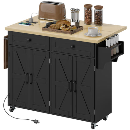 Kitchen Island with Storage, Rolling Kitchen Cart with Charging Station, Drop Leaf, Spice Rack, Towel Rack, Drawers