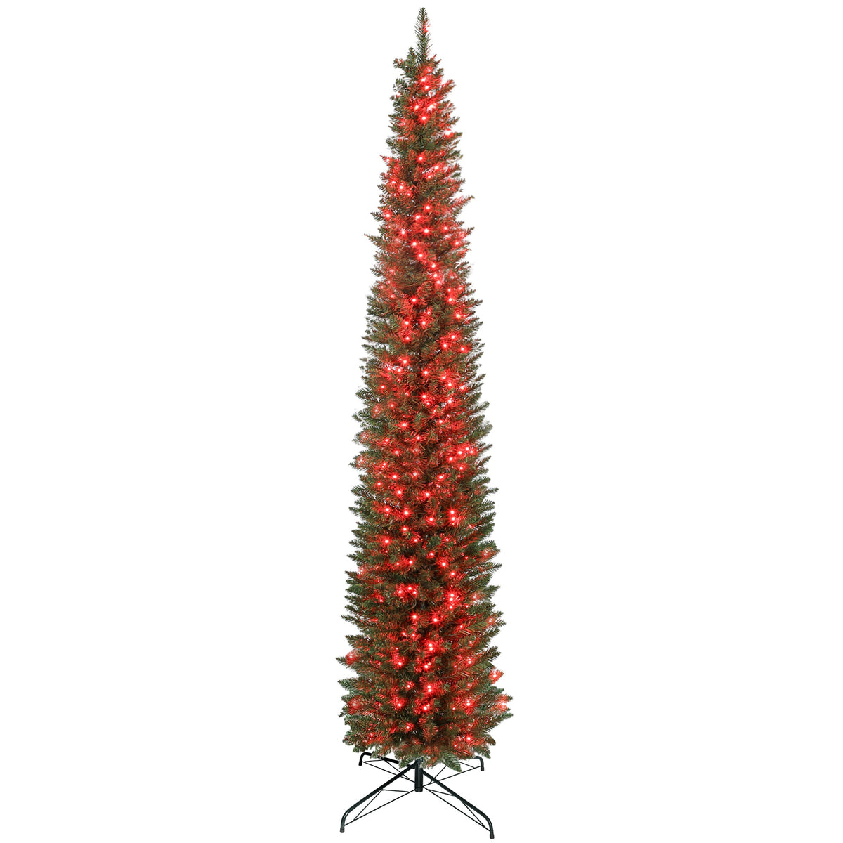 9ft Christmas Tree with Colourful DIY Synchronized LEDs, Hinged Pencil Xmas Tree with Remote, Daily Timer, Green