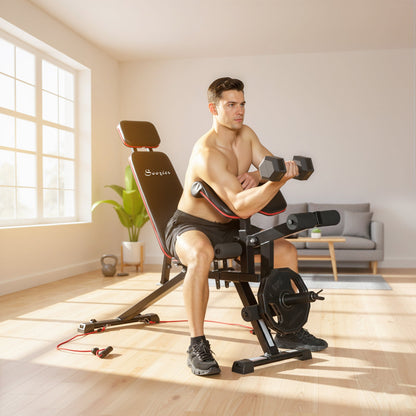 Adjustable Weight Bench with Wheels, Load 660LBS Workout Bench with Leg Extension, Preacher Curl and Resistance Bands
