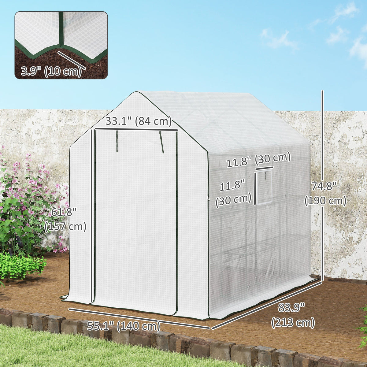 Walk-in Greenhouse with 3 Tier, Garden Plant Growhouse with Roll-up Door and Mesh Windows, 140 x 213 x 190 cm, Green