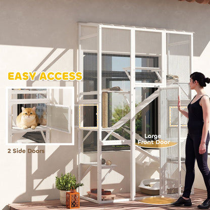 Large Outdoor Catio with 6 Jumping Platforms, Scratching Post, 2 Ramps, Waterproof Roof, Grey
