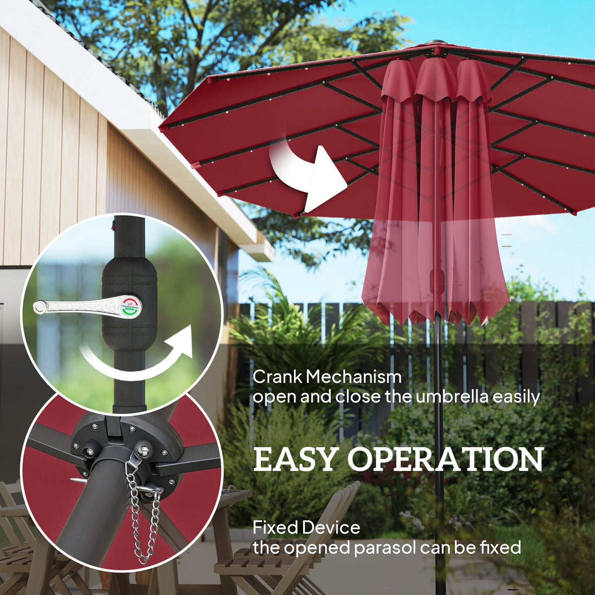174" Double-Sided Sun Umbrella Garden Parasol Patio Sun Shade Outdoor with LED Solar Light, Khaki
