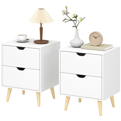 Modern Bedside Table, Nightstand with 2 Drawers and Pine Wood Legs for Bedroom, Living Room, White