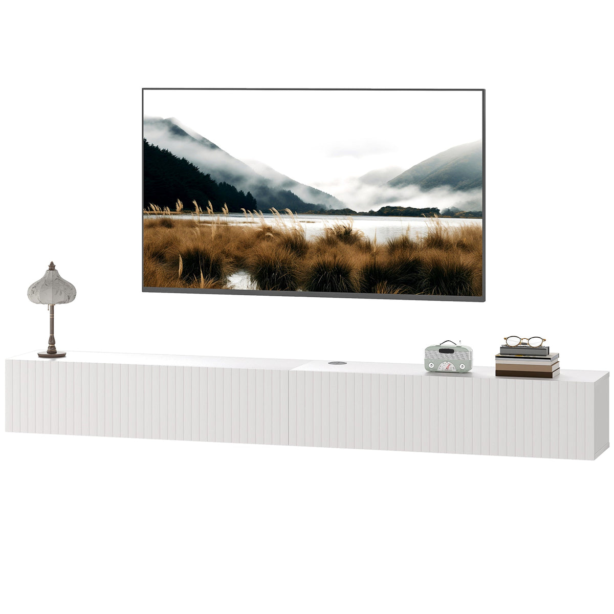 71" Floating TV Stand for TVs up to 72 Inch, Wall Mount Media Console with 2 Fluted Flip-Down Doors, Cable Hole, Black
