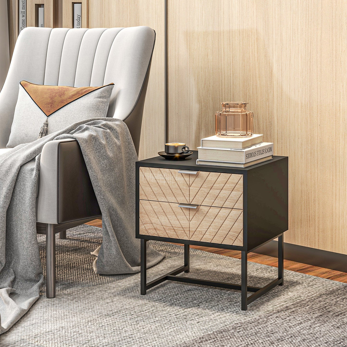 Emery Modern Bedside Table with 2 Drawers and Steel Legs-Black/Oak
